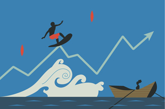 Illustration of a man surfing a rising line chart above a lake.