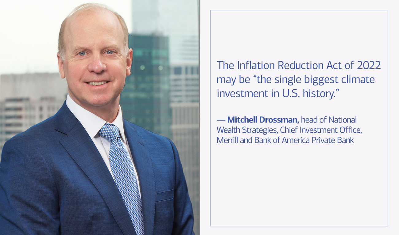 Mitchell Drossman, head of National Wealth Strategies, Chief Investment Office, Merrill and Bank of America Private Bank next to his quote The Inflation Reduction Act of 2022 may be “the single biggest climate investment in U.S. history.”