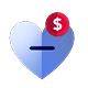 A heart-shaped piggy bank with a dollar sign in the top right corner