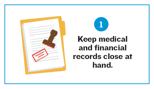 Illustration of a stamped document. Title Reads: Checklist  1. Keep medical and financial records close at hand.