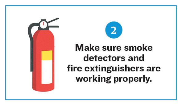 Illustration of a fire extinguisher. Title Reads: Checklist 2. Make sure smoke detectors and fire extinguishers are working properly.