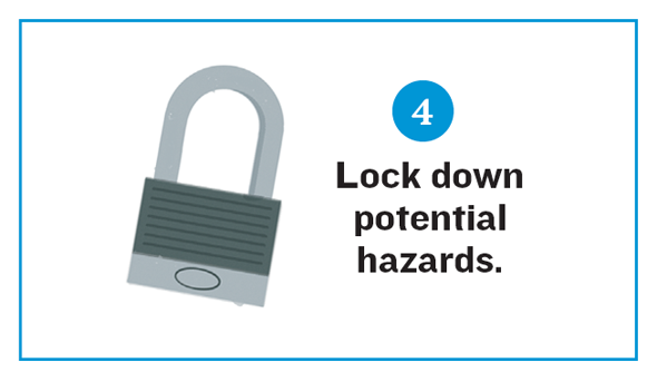 Illustration of a padlock. Title Reads: Checklist 4. Lock down potential hazards.