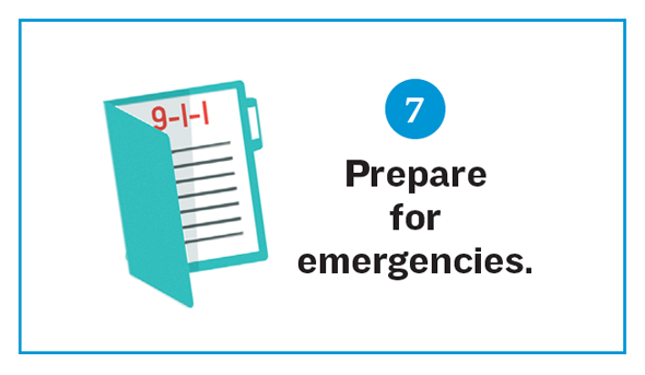 Illustration of an emergency file. Title Reads: Checklist 7. Prepare for emergencies.