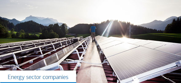 A man walking through many solar panels. Trees and mountains are in the background. Text reads, “Energy sector companies.”