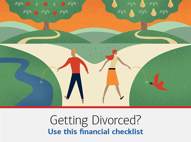 Illustration of a couple going their separate ways. The text underneath it reads: Getting divorced? Use this financial checklist.