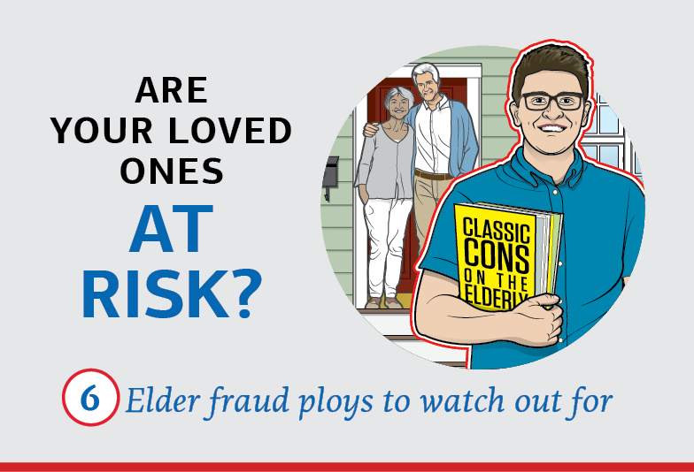 Text: Are Your Loved Ones at Risk? 6 Elder fraud scams to watch out for. Illustration of an elderly couple standing on a porch watching a man leave their home with a book in hand titled “Classic Cons on the Elderly.”