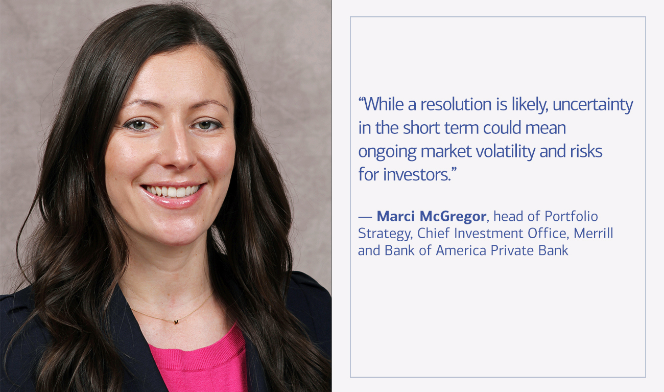 Marci McGregor, head of Portfolio Strategy, Chief Investment Office, Merrill and Bank of America Private Bank next to his quote “While a resolution is likely, uncertainty in the short term could mean ongoing market volatility and risks for investors.”