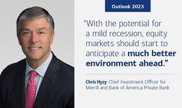 A slide labeled “Outlook 2023.” The text reads “With the potential for a mild recession, equity markets should start to anticipate a much better environment ahead.” Chris Hyzy, Chief Investment Officer for Merrill and Bank of America Private Bank, shown at left.