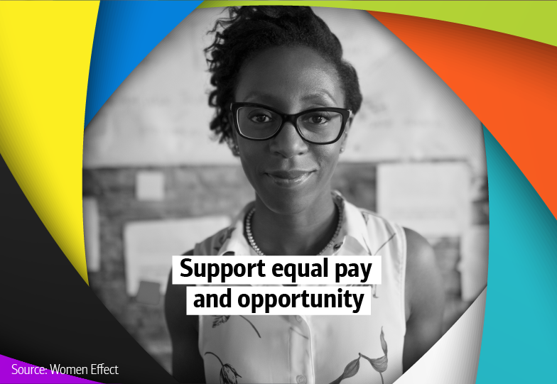 Slideshow graphic with colorful border and portrait of a woman. “Support equal pay and opportunity,” text is overlaid. Source Women Effect