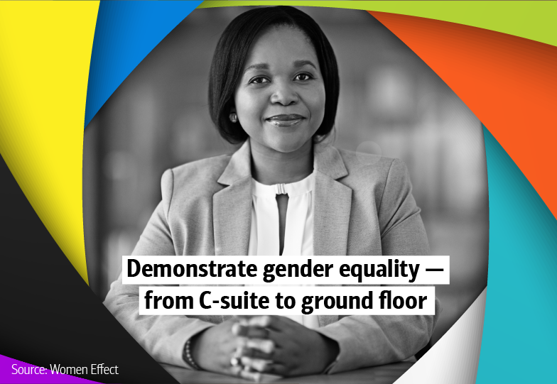 Slideshow graphic with colorful border and portrait of a woman. “Demonstrate gender equality — from C-suite to ground floor ,” text is overlaid. Source Women Effect