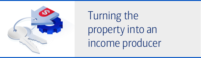 To the left is a graphic of keys with a setting wheel and shape of a house with a dollar sign on the door as keychains. To the right is the text, “Turning the Property into an Income Producer.”