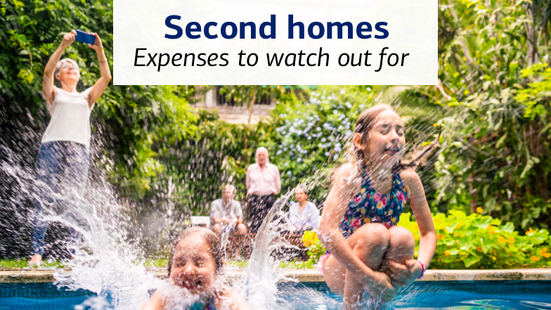 Two young girls jumping into their backyard pool as their family watches on and an older woman, possibly a grandmother, records their jump with a phone. The slideshow title reads, “Second Homes,” with dek, “Expenses to Watch Out For.”