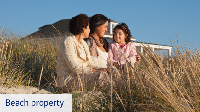 A family sitting in the sand, surrounded by beach grass on the beach. The young girl is smiling at her mother and grandmother while they smile back. Text on the bottom left of this slide reads, “Beach Property.”