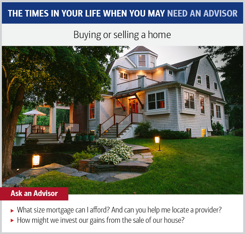 Graphic showing a photo of a house and a yard. The text reads: Buying or selling a home. Ask an advisor: What size mortgage can I afford? And can you help me locate a provider? How might we invest our gains from the sale of our house?
