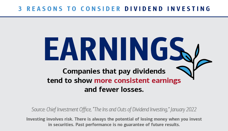 3 reasons to consider dividend investing; Earnings; Companies that pay dividends tend to show more consistent earnings and fewer losses. Source: Chief Investment Office, “The Ins and Outs of Dividend Investing,” January 2022. Investing involves risk. There is always the potential of losing money when you invest in securities. Past performance is no guarantee of future results.