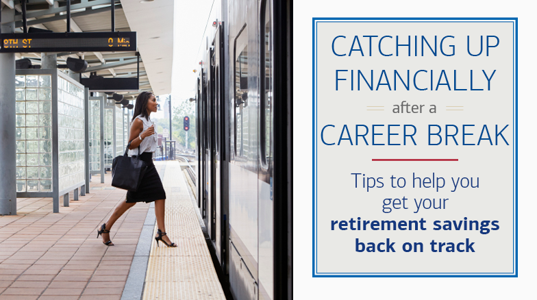 On the left is a photo of a woman walking to catch a train. On the right, the hed text reads: Catching Up Financially After a Career Break. Dek text reads: Tips to help you get your retirement savings back on track.