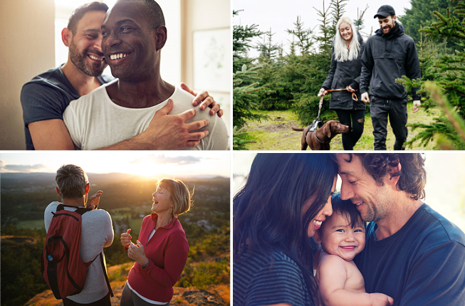 Top left – Two men smiling and embracing. Top right – A man and woman walking a dog in a forest. Bottom left – A man and woman laughing atop a hill at sunrise. Bottom right – A man and woman holding a baby, smiling. 
