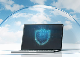 Article Image - Image of a laptop under a bubble shielded from a cloudy sky. Protect yourself with these cyber security resources.