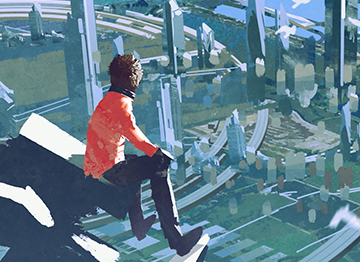 Article Image - A person overlooking the landscape from the top of a cell tower. Read and hear about nextgen tech innovations transforming your world.