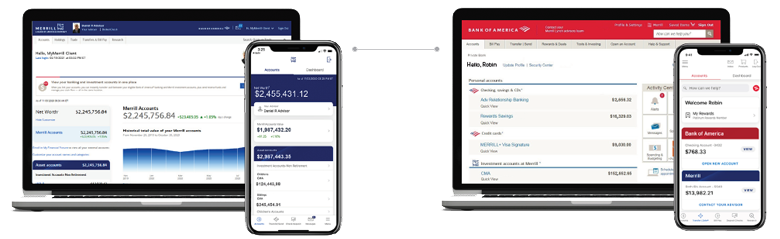 example of the Merrill online desktop and mobile information on the left. The second image shows a Bank of America online desktop and mobile information on the right.