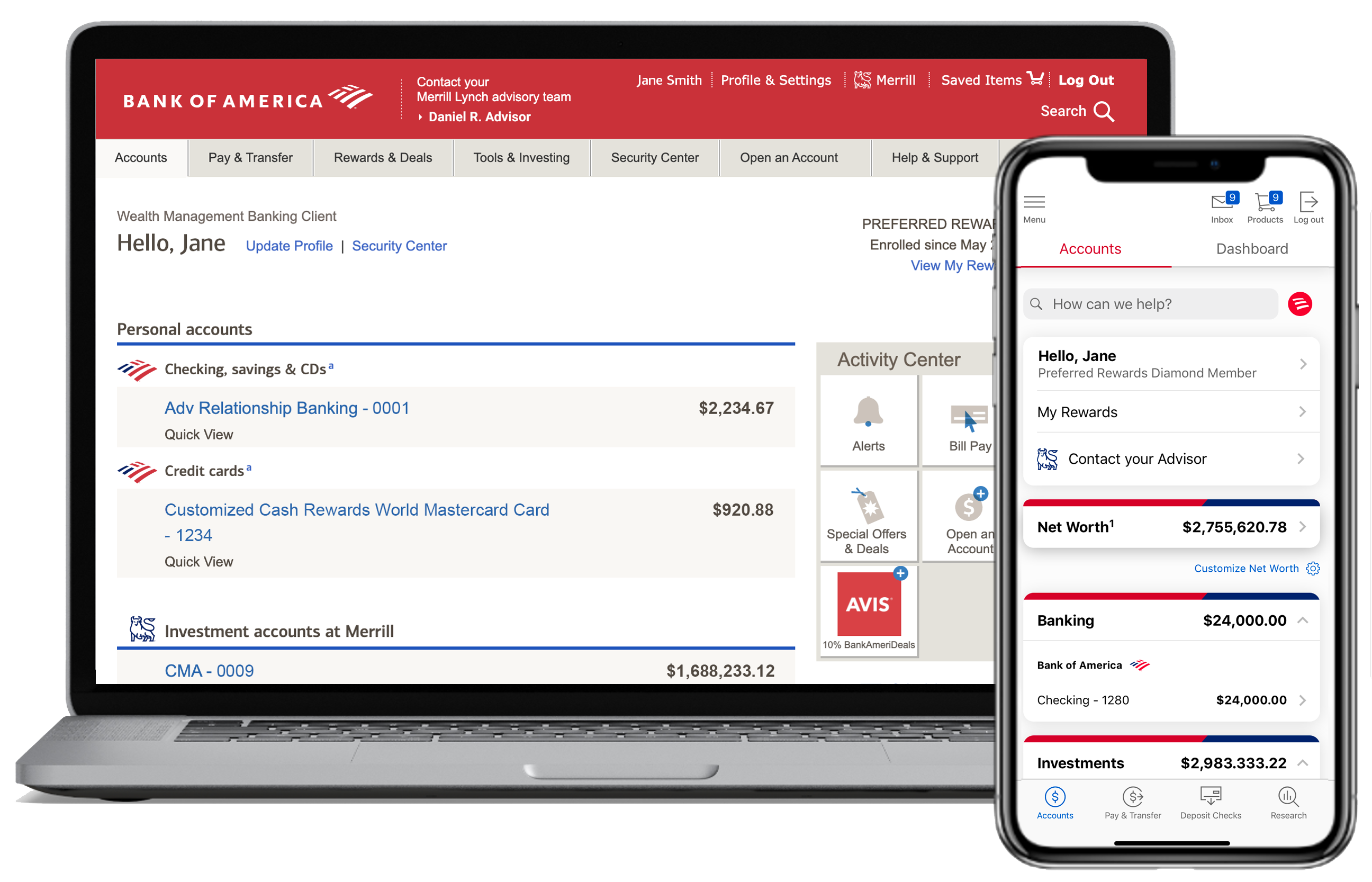 example of the Merrill online desktop and mobile information on the left. The second image shows a Bank of America online desktop and mobile information on the right.